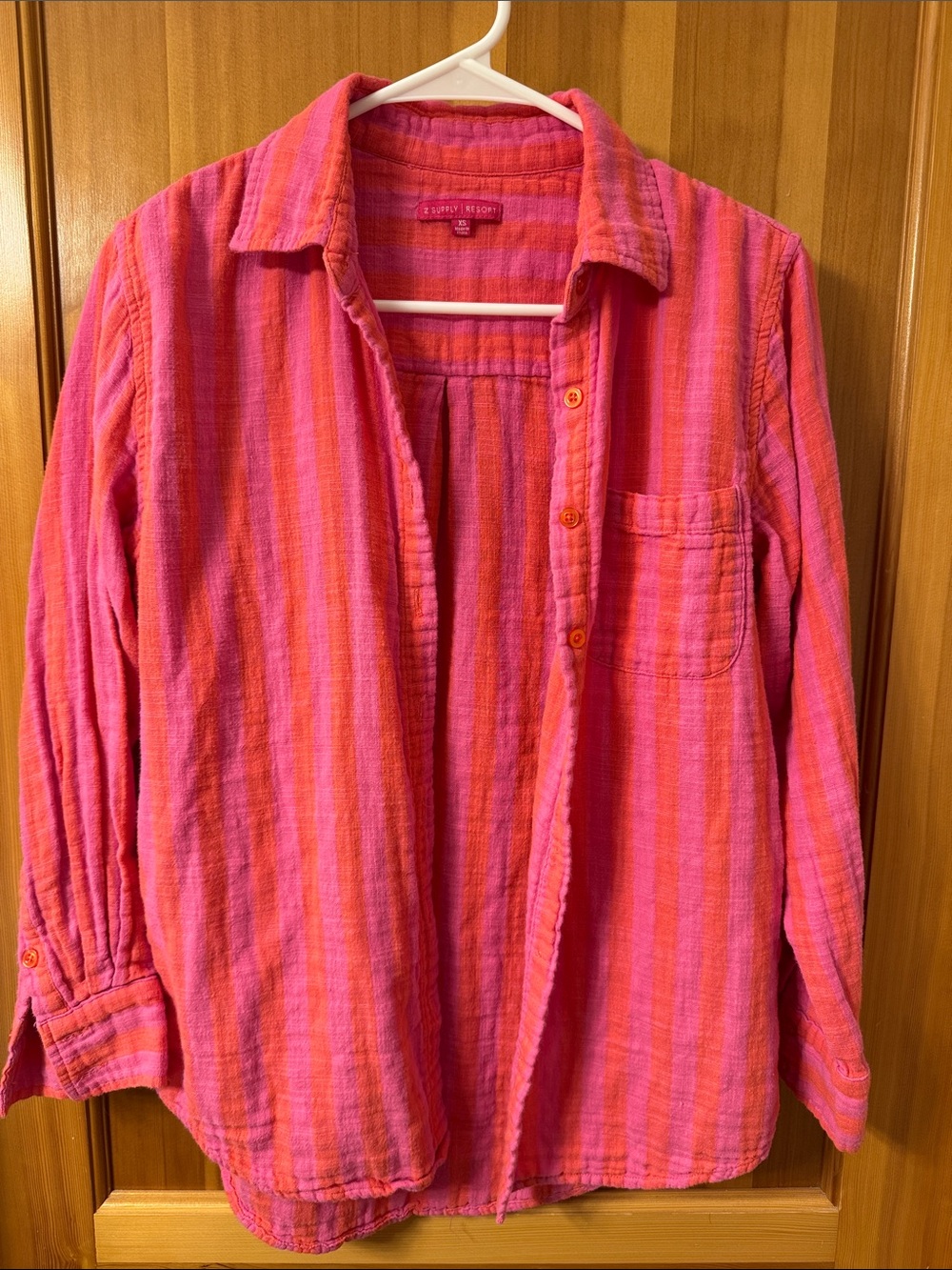 Z Supply Resort Bright Pink & Coral Striped Gauze Button-Up Shirt